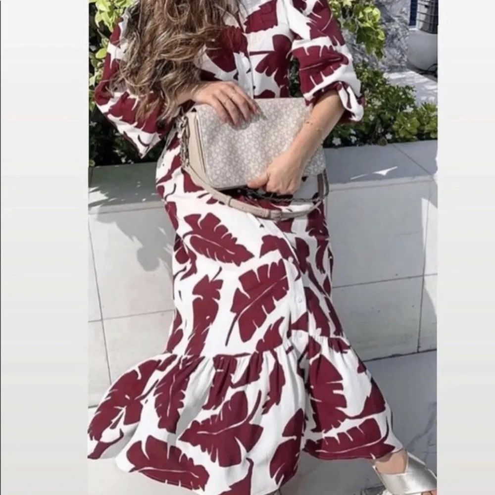 Zara Maroon and White Leaf Print Dress- M - Picture 3 of 11